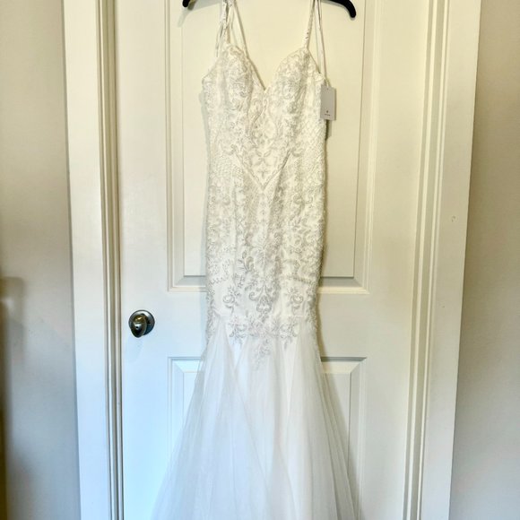 *NWT* (SZ 2) LULU's Dream Romance White Beaded Tulle Trumpet Maxi Dress - Picture 5 of 7